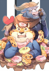  2016 anthro benjamin_clawhauser bovid bovine cape_buffalo cheetah chief_bogo clothed clothing countershading dessert disney doughnut duo fangs felid feline food fur hi_res horn mammal markings open_mouth pastry siambei spots spotted_body spotted_fur teeth yellow_body yellow_fur zootopia 