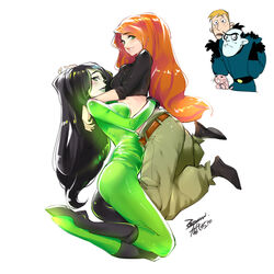  2boys 2girls black_gloves black_hair breasts closed_mouth dr._drakken ejami gloves graphite_(medium) green_eyes kim_possible kim_possible_(series) lipstick long_hair looking_at_viewer makeup midriff multiple_boys multiple_girls open_mouth orange_hair photoshop_(medium) ron_stoppable shego simple_background smile traditional_media white_background 