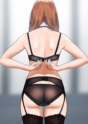  arms_behind_back ass black_bra black_panties black_thighhighs blue_nails blurry blurry_background bra brown_hair commentary cowboy_shot doushimasho dressing facing_away female floral_print from_behind garter_belt highres long_hair mole mole_on_back mole_on_neck mole_on_shoulder mole_on_thigh nail_polish nape original panties solo straight_hair thighhighs thighs underwear underwear_only 