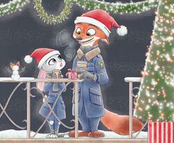  2019 anthro barefoot black_nose canid canine christmas christmas_clothing christmas_headwear christmas_tree clothed clothing coat container cup disney duo ears_down feet fox fully_clothed fur gift grey_body grey_fur hat hb_runo headgear headwear hi_res holding_container holding_cup holding_object holidays judy_hopps lagomorph leporid looking_at_another mammal nick_wilde open_mouth open_smile orange_body orange_fur pink_nose pivoted_ears plant rabbit red_fox santa_hat scut_tail short_tail smile standing tail topwear tree true_fox zootopia 