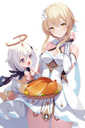  2girls :d bare_shoulders black_gloves blonde_hair blush breasts bright_pupils chicken_(food) cleavage closed_mouth commentary_request cowboy_shot detached_sleeves dress fingerless_gloves floating flower food genshin_impact gloves hair_flower hair_ornament halo highres long_sleeves looking_at_viewer lumine_(genshin_impact) medium_breasts mizu_(lzzrwi603) multiple_girls open_mouth paimon_(genshin_impact) plate purple_eyes romper short_hair_with_long_locks sidelocks simple_background sleeveless sleeveless_dress smile sparkle sweet_madame_(genshin_impact) white_background white_flower white_hair white_headwear white_romper yellow_eyes 