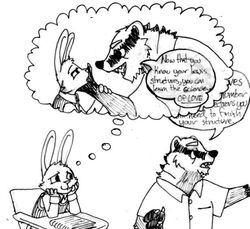  2016 age_difference anthro badger bedroom_eyes black_and_white buckteeth calvin_lapin_(spiff) cheek_tuft chin_tuft classroom classroom_desk claws closed_smile clothing daydream desk distracted duo english_text eye_bags eye_contact eyebrows facial_markings facial_tuft fan_character fantasizing finger_claws fur furniture gloves_(marking) hand_on_face head_markings holding_face labjer lagomorph larger_male leporid long_sleeves looking_at_another male mammal markings mature_anthro mature_male monochrome mouth_closed mustelid musteline narrowed_eyes neck_tuft notebook older_male pattern_clothing pattern_topwear pattern_vest rabbit school seductive sharp_teeth shirt shirt_pocket short_sleeves simple_background sitting size_difference smaller_male smile speech_bubble striped_clothing striped_face striped_sweater_vest striped_topwear striped_vest stripes student sweater sweater_vest table teacher teacher_and_student teeth text thought_bubble topwear traditional_media_(artwork) tristan_growlagher_(spiff) tuft vest white_background white_body white_clothing white_eyebrows white_fur white_shirt white_topwear wrist_grab younger_male 