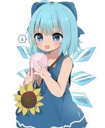  ahoge bad_id bad_twitter_id blue_bow blue_dress blue_eyes blue_hair bow bright_pupils cirno commentary_request dress female flower food hairbow highres holding holding_food ice ice_cream ice_wings melting open_mouth pinafore_dress poco_(zdrq3) short_hair simple_background sleeveless sleeveless_dress solo spoken_sweatdrop sunflower sweat sweatdrop tanned_cirno touhou white_background white_pupils wings 