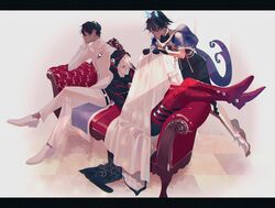  3boys arjuna_(fate) arjuna_alter_(fate) black_eyes black_gloves black_hair black_jacket black_pants black_shirt blanket blue_capelet boots bush capelet closed_eyes couch crossed_legs dark-skinned_male dark_skin fate/grand_order fate_(series) floating full_body gloves hair_between_eyes hair_over_one_eye head_rest highres holding holding_blanket hood hood_up horns jacket karna_(fate) karna_(santa)_(fate) leaning_on_person leg_armor letterboxed lim_(lim_6660129) looking_at_another male_focus multiple_boys pants profile protected_link red_footwear shirt shoes short_hair sideways_glance sitting sleeping tail thigh_boots thighhighs white_footwear white_gloves white_hair white_pants white_shirt 