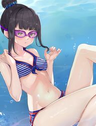  absurdres air_bubble bikini black_hair blush breasts bubble commission female freediving goggles goggles_on_eyes green_eyes hair_bun hamaguchi_ayame highres holding_breath idashige_(walkietalkie) idolmaster idolmaster_cinderella_girls long_hair navel ocean pixiv_commission puffy_cheeks single_hair_bun small_breasts sparkle swimming swimsuit underwater 