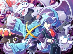  1boy aerodactyl aggron ascot belt blue_eyes blue_hair carbink chueog claydol closed_mouth commentary_request highres holding holding_poke_ball jacket jewelry korean_commentary long_sleeves male_focus mega_metagross mega_pokemon metagross pants poke_ball poke_ball_(basic) pokemon pokemon_(creature) pokemon_oras red_ascot ring shirt skarmory smile steven_stone white_shirt 