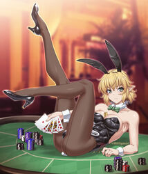  ace_(playing_card) ace_of_hearts alternate_costume animal_ears arm_support armpits between_breasts black_footwear black_leotard blonde_hair blurry blurry_background blush bow bowtie breasts brown_pantyhose bunny_day card character_name closed_mouth collarbone commentary_request crossed_bangs detached_collar fake_animal_ears fake_tail female fingernails frown full_body green_bow green_bowtie green_eyes heart high_heels highres holding holding_card jack_(playing_card) jack_of_hearts king_(playing_card) king_of_hearts_(playing_card) leg_up leotard lighter looking_at_viewer medium_bangs medium_breasts mizuhashi_parsee on_table ootsuki_wataru pantyhose playboy_bunny playing_card pointy_ears poker_chip poker_table queen_(playing_card) queen_of_hearts_(playing_card) rabbit_ears rabbit_tail royal_flush short_hair solo table tail ten_of_hearts touhou wing_collar wrist_cuffs 