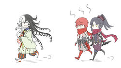  2boys ashiya_douman_(fate) asymmetrical_clothes asymmetrical_hair bad_id bad_pixiv_id bell black_eyes black_hair chibi crossed_arms curly_hair earrings fate/grand_order fate_(series) female flat_color full_body fuuma_kotarou_(fate) green_kimono hadanugi_dousa hair_bell hair_between_eyes hair_intakes hair_ornament japanese_clothes jewelry kankan33333 katou_danzou_(fate) kimono long_hair magatama magatama_earrings mother_and_son multicolored_hair multiple_boys ninja open_clothes open_kimono raised_eyebrow red_hair ribbed_sleeves running split-color_hair standing two-tone_hair very_long_hair white_hair 