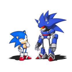  2boys commentary_request furry furry_male gloves half-closed_eye hand_on_own_chin highres humanoid_robot male_focus mecha_sonic_mkii multiple_boys nyaring943 red_footwear robot shoes sonic_&amp;_knuckles sonic_(series) sonic_the_hedgehog sonic_the_hedgehog_(classic) white_gloves 