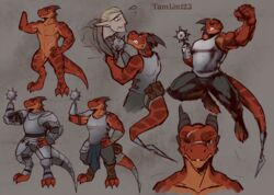  accessory ambiguous_gender amputee anthro armor bag blade disability duo elf exposure_variation featureless_crotch furgonomics horn humanoid kobold male male_(lore) manly model_sheet multiple_images multiple_outfits muscular nude scalie scar solo tail tail_accessory tail_bag tail_blade tamlin123 threatening weapon_tail 