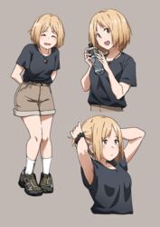  alternate_costume arm_behind_back black_shirt blonde_hair blush bottle brown_eyes brown_shorts closed_eyes commentary_request cross female full_body girls&#039;_frontline grey_background highres looking_at_viewer mp40_(girls&#039;_frontline) multiple_views open_mouth shirt short_hair shorts simple_background smile t-shirt triangle_bullet upper_body 