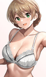  armpits baji_toufuu_(bajitohfu) bare_shoulders bow bow_bra bra braid breasts cleavage collarbone commentary female green_eyes hair_between_eyes highres idolmaster idolmaster_million_live! large_breasts light_blush light_brown_hair looking_at_viewer open_mouth sakuramori_kaori simple_background smile solo underwear upper_body white_bow white_bra 