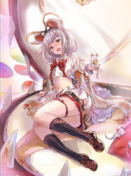  :d animal_ears animal_on_hand black_socks bow bowtie brown_footwear cheese collared_shirt crop_top fake_animal_ears female food full_body granblue_fantasy hairband head_tilt highres kneehighs loafers long_sleeves looking_at_viewer matsukura_nemu midriff miniskirt mouse_(animal) mouse_ears navel pillow red_bow red_bowtie red_eyes shirt shoes short_hair skirt smile socks solo thigh_strap thighhighs vikala_(granblue_fantasy) white_background white_shirt white_skirt wide_sleeves 