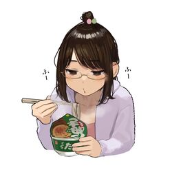  bad_id bad_pixiv_id blowing_on_food blush brown_hair chopsticks commentary cup_ramen douki-chan_(douki-chan) eating female food ganbare_douki-chan glasses highres instant_soba maruchan_midori_no_tanuki_tensoba noodles open_mouth sidelocks simple_background soba solo white_background yomu_(sgt_epper) 