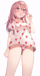  absurdres arm_at_side ass_visible_through_thighs blush breasts brown_eyes bushinofuji female food food_print highres holding holding_food inui_sajuna long_hair looking_at_viewer looking_down no_pants open_mouth orange_hair panties popsicle print_panties print_shirt puffy_short_sleeves puffy_sleeves shirt short_sleeves simple_background small_breasts solo sono_bisque_doll_wa_koi_wo_suru strawberry_panties strawberry_print thighs underwear white_background white_panties white_shirt 