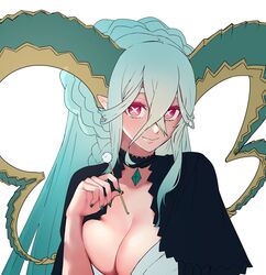  absurdres black_choker braid breasts choker cleavage closed_mouth collarbone colored_eyelashes crossed_bangs curled_horns fate/grand_order fate_(series) female green_horns green_nails hair_between_eyes highres holding horns large_breasts large_horns larva_tiamat_(fate) larva_tiamat_(third_ascension)_(fate) long_hair long_horns mimikaki pointy_ears red_eyes seseragi_azuma simple_background smile solo symbol-shaped_pupils tiamat_(fate) upper_body very_long_hair white_background x-shaped_pupils 