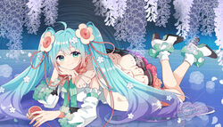  absurdres aqua_eyes aqua_hair arm_support cable cape chinese_commentary commentary detached_sleeves feet_up female fenghu_(huli) flower flower_underskirt frilled_sleeves frills full_body gradient_hair hair_flower hair_ornament hatsune_miku head_rest high_heels highres holding holding_microphone looking_at_viewer lying magical_mirai_(vocaloid) magical_mirai_miku magical_mirai_miku_(2021) microphone multicolored_hair on_stomach pink_flower purple_hair rose silhouette smile solo speaker tile_floor tiles twintails vocaloid white_flower white_footwear white_sleeves wisteria 