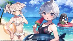  3girls azur_lane ball beachball bikini black_hair black_one-piece_swimsuit blue_sky breasts day green_jacket grey_eyes highres inflatable_orca inflatable_toy jacket large_breasts long_hair long_sleeves looking_at_viewer microskirt multiple_girls official_alternate_costume official_art one-piece_swimsuit open_mouth outdoors pleated_skirt red_innertube sakura_yuki_(clochette) sand short_hair skirt sky slit_pupils small_breasts standing swimsuit twintails u-110_(azur_lane) u-47_(azur_lane) u-96_(azur_lane) water white_bikini white_hair yellow_eyes 