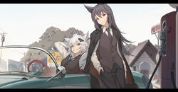  2girls alternate_costume animal_ears arknights arms_behind_head arms_up bangs black_coat black_hair black_pants black_vest blue_neckwear brown_eyes building car chinese_commentary coat commentary_request cowboy_shot gas_pump_nozzle grey_eyes grin ground_vehicle hair_between_eyes hair_ornament hairclip head_tilt highres jacket_on_shoulders lappland_(arknights) letterboxed long_hair long_sleeves looking_at_viewer motor_vehicle multiple_girls necktie nian outdoors pants power_lines shirt silver_hair smile standing texas_(arknights) tree vest white_shirt wing_collar wolf_ears 