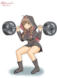  barbell belt black_capelet black_dress black_footwear boots braid breasts brown_belt brown_eyes brown_hair capelet commentary_request dated dress exercising female full_body geru hood hood_up hooded_capelet kantai_collection large_breasts long_hair one-hour_drawing_challenge pleated_dress red_ribbon ribbon shinshuu_maru_(kancolle) simple_background solo squatting twin_braids twitter_username weightlifting white_background 