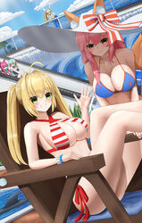  5girls absurdres ahoge animal_ear_fluff animal_ears aqua_hair artoria_pendragon_(fate) artoria_pendragon_(swimsuit_ruler)_(fate) asymmetrical_horns beach bead_bracelet beads bikini blonde_hair blue_bikini blue_eyes blue_pantyhose bracelet braid breasts cleavage clothing_cutout criss-cross_halter curled_horns day detached_collar dragon_girl dragon_horns ears_through_headwear elizabeth_bathory_(beach_bloody_demoness)_(fate) elizabeth_bathory_(fate) elizabeth_bathory_(fate/extra_ccc) fate/grand_order fate_(series) finger_cots fox_ears fox_girl fox_tail french_braid green_eyes hair_intakes halterneck hat highleg highleg_leotard highres horns jewelry kiyohime_(fate) kiyohime_(swimsuit_lancer)_(fate) kiyohime_(swimsuit_lancer)_(second_ascension)_(fate) large_breasts leotard long_hair multiple_girls multiple_horns navel_cutout nero_claudius_(fate) nero_claudius_(swimsuit_caster)_(fate) official_alternate_costume outdoors pantyhose pink_hair playboy_bunny pointy_ears ponytail purasu_haven rabbit_ears red_bikini ribbon school_swimsuit shark side-tie_bikini_bottom sling_bikini_top small_breasts striped_bikini striped_clothes sun_hat swimsuit tail tamamo_(fate) tamamo_no_mae_(swimsuit_lancer)_(fate) tamamo_no_mae_(swimsuit_lancer)_(third_ascension)_(fate) tiara twintails uneven_horns yellow_eyes yellow_ribbon 