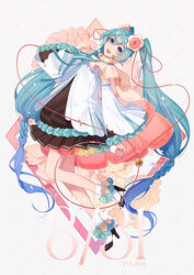  :d arched_back black_dress black_footwear blue_eyes blue_hair braid commentary dated detached_sleeves dress female fen_renlei floral_print flower flower_underskirt full_body grey_background hair_between_eyes hair_flower hair_ornament hand_up happy_birthday hatsune_miku high_heels highres long_hair long_sleeves looking_at_viewer magical_mirai_(vocaloid) magical_mirai_miku magical_mirai_miku_(2021) open_mouth shoes smile socks solo twintails very_long_hair vocaloid white_dress white_flower white_sleeves white_socks wide_sleeves 