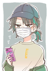  baseball_cap brown_hair cellphone commentary female hat holding holding_phone looking_at_phone mask mouth_mask nail_polish off-shoulder_sweater off_shoulder original phone purple_background shirt short_ponytail smartphone sodapop_(iemaki) solo surgical_mask sweater t-shirt upper_body 