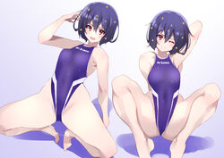  barefoot black_hair breasts character_name clothes_writing competition_swimsuit covered_navel coveredcore female hair_ornament highleg highleg_swimsuit medium_breasts mizuno_(brand) mizuno_ai multiple_views name_connection one-piece_swimsuit purple_one-piece_swimsuit red_eyes short_hair squatting swimsuit zombie_land_saga 