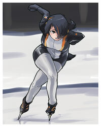  absurdres action adapted_costume black_hair commentary emperor_penguin_(kemono_friends) female hair_over_one_eye highres kemono_friends multicolored_hair orange_hair penguin_tail short_hair skates skating skating_rink solo speed_skating streaked_hair tail toriny unitard 