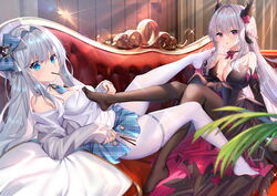  2girls absurdres black_dress blue_eyes blue_skirt blush bra breasts brown_pantyhose cardigan cleavage couch detached_collar dress feet foot_on_breast grey_cardigan grey_hair hair_intakes hat highres indoors long_hair long_sleeves looking_at_viewer lying medium_breasts multiple_girls no_shoes on_back on_couch open_cardigan open_clothes original pantyhose parted_lips pink_eyes plaid plaid_skirt shanguier shirt single_leg_warmer sitting skirt thigh_strap underwear very_long_hair white_headwear white_pantyhose white_shirt yuri 