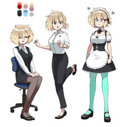  !? @_@ alternate_costume aqua_pantyhose blonde_hair blue_eyes breasts chair closed_eyes color_guide detached_collar enmaided evolvingmonkey female full_body hair_ornament hairclip highres large_breasts maid maid_headdress mary_janes messy_hair mole mole_under_eye nakamura_chise office_chair office_lady original pantyhose ponytail shoes short_hair sitting standing standing_on_one_leg striped_clothes striped_pantyhose sweat swivel_chair unworn_hair_ornament unworn_hairclip vertical-striped_clothes vertical-striped_pantyhose vest white_background wrist_cuffs 