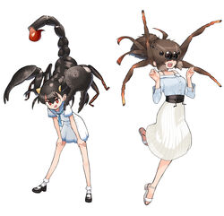  2girls absurdres arthropod_girl black_hair brown_hair bug dress evolvingmonkey full_body highres long_skirt multiple_girls original pincers red_eyes sailor_collar sailor_dress sandals scorpion scorpion_girl scorpion_tsuchida skirt spider spider_girl spider_itou stinger white_background 