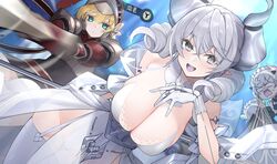  4girls aqua_eyes arianna_the_labrynth_servant arianne_the_labrynth_servant armor bare_shoulders blank_eyes blonde_hair breasts chinese_commentary cleavage commentary cowboy_shot demon_girl demon_horns demon_wings dress drill_hair duel_monster feathers garter_straps gloves green_eyes grey_eyes grey_hair hand_on_own_chest helmet holding holding_weapon horns huge_breasts knight knight_(yu-gi-oh!) large_breasts long_hair looking_at_viewer lovely_labrynth_of_the_silver_castle maid maid_headdress multiple_girls open_mouth pointy_ears short_hair sweatdrop sword thighhighs weapon wings xiujia_yihuizi yu-gi-oh! 