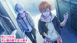  2boys aoyagi_touya black_jacket black_pants blue_hair colorful_palette dark_blue_hair grey_eyes grey_hair hand_in_pocket hands_in_pockets highres hood hooded_jacket hoodie jacket jacket_over_hoodie male_focus multicolored_hair multiple_boys official_art open_clothes open_jacket open_mouth orange_hair pants project_sekai shinonome_akito shirt short_hair source_request split-color_hair translated two-tone_hair white_hoodie white_shirt yellow_eyes 