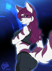  2022 anthro ass athletic athletic_anthro athletic_female black_nose breasts butt_pose canid canine canis clothed clothing epona_bastile female flat_colors fur ghostwolf hair long_hair looking_at_viewer looking_back looking_back_at_viewer mammal pose purple_eyes purple_hair signature smile solo striped_body striped_fur stripes white_body white_fur wolf 