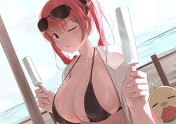  absurdres azur_lane bikini black_bikini black_ribbon breasts cleavage covered_nipples dutch_angle eyewear_on_head female food fruit highres honolulu_(azur_lane) honolulu_(summer_accident?!)_(azur_lane) huge_breasts long_hair manjuu_(azur_lane) melon melon_slice official_alternate_costume one_eye_closed open_clothes open_shirt outdoors painnico popsicle popsicle_stick red_hair ribbon shirt solo sunglasses swimsuit white_shirt 