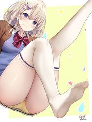  blonde_hair blush bow bowtie braid breasts brown_jacket collared_shirt feet female hair_ornament highres jacket medium_breasts no_shoes oekakizuki original panties platinum_blonde_hair pleated_skirt purple_eyes red_bow red_bowtie school_uniform shirt short_hair side_braid signature simple_background skirt smile solo star_(symbol) thighhighs thighs underwear white_thighhighs x_hair_ornament yellow_panties 