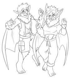  2023 absurd_res bat bottomwear calvin_(werenimal) cargo_shorts clothed clothing duo ear_expansion expansion facial_hair female fur fur_growth goatee growth hi_res human human_to_anthro line_art male mammal mid_transformation monochrome open_clothing open_shirt open_topwear open_vest ra&#039;zim shirt shorts snout snout_growth species_transformation starwolfskin topwear transformation vest werenimal wings zgf_art 