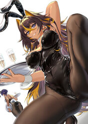  2girls absurdres alcohol alternate_costume animal_ears arm_up ass black_footwear black_leotard black_pantyhose blue_eyes breasts bupa_chila candace_(genshin_impact) cup dehya_(genshin_impact) earrings fake_animal_ears fake_tail from_below genshin_impact grin highres jewelry large_breasts leotard long_hair looking_down multiple_girls nail_polish pantyhose parted_lips playboy_bunny rabbit_ears rabbit_tail red_nails smile solo_focus spread_legs squatting tail thighs tray white_background wrist_cuffs 