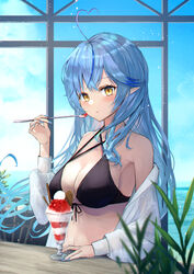  :o absurdres ahoge bare_shoulders bikini black_bikini blue_hair blue_nails blue_sky blush breasts cleavage colored_tips commentary_request day elf female food halterneck has_bad_revision has_downscaled_revision heart heart_ahoge highres hololive ice_cream ice_cream_spoon large_breasts long_hair long_sleeves looking_at_viewer md5_mismatch multicolored_hair nail_polish off_shoulder open_clothes open_shirt outdoors parted_lips pointy_ears resolution_mismatch see-through shirt sky solo source_smaller spoon streaked_hair sundae sunlight swimsuit virtual_youtuber white_shirt xyunx yellow_eyes yukihana_lamy 