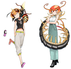  2girls absurdres antennae arthropod_girl black_hair blonde_hair bug centipede centipede_girl centipede_maeshima earrings evolvingmonkey full_body hands_in_pockets hello_kitty hello_kitty_(character) highres hornet_suzuki jewelry leg_up long_skirt looking_at_viewer midriff multiple_girls navel orange_eyes original pants sanrio shoes simple_background single_shoe skirt sleeveless slippers standing stud_earrings sweatpants wasp wasp_girl white_background 