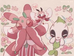  blush_stickers celebi closed_eyes commentary_request flower furry hands_up heart leels looking_at_viewer lurantis one_eye_closed pink_flower pokemon pokemon_(creature) ribombee spoken_heart 