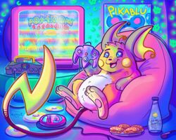  2000s_theme 2019 5:4 bagel_bites bean_bag belly beverage blue_eyes blush cd cd_player character_cipher colorful_theme controller cord crt detailed_background digital_drawing_(artwork) digital_media_(artwork) disc earbuds electronics english_text featureless_crotch food fur game_cartridge game_console game_controller game_media game_screen generation_1_pokemon generation_2_pokemon glistening glistening_eyes headphones heart_eyes heart_symbol holding_controller holding_game_controller holding_object inside logo looking_at_viewer mammal marill murid murine n64_cartridge n64_console n64_controller n64_logo nightlinez nintendo nintendo_64 nintendo_button_symbol nintendo_console nintendo_controller open_mouth open_smile orange_body orange_fur pizza pokemon pokemon_(species) pokemon_stadium raichu retro rodent screen shaded sitting slightly_chubby smile soda soft_shading solo storage_media tail television text title_screen translated unown_(pokemon) unown_a unown_d unown_e unown_i unown_k unown_m unown_n unown_o unown_p unown_s unown_t unown_text unown_u white_belly white_body white_fur wired_controller yellow_inner_ear 