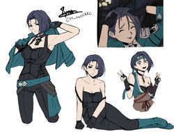  :p ah_eto..._bleh_(meme) belt black_gloves blue_hair breasts bustier closed_eyes cm_lynarc dark_blue_hair double_v female fire_emblem fire_emblem:_three_houses fire_emblem_heroes gloves green_belt green_jacket hands_on_own_head jacket large_breasts looking_at_viewer meme multiple_views ninja official_alternate_costume purple_eyes shamir_nevrand shamir_nevrand_(ninja) short_hair smile taiho_shichauzo tongue tongue_out v 