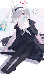  0_0 2girls arona_(blue_archive) black_choker black_coat black_eyes black_hairband black_pantyhose black_serafuku blue_archive blue_eyes blue_hair blush bow braid chibi chibi_inset choker coat colored_inner_hair commentary covering_own_mouth feet full_body hair_over_one_eye hairband halo heart highres holding knees_up legs light_blush long_hair long_sleeves looking_at_viewer multicolored_hair multiple_girls neckerchief no_shoes on_floor open_clothes open_coat open_mouth pantyhose pink_hair pink_halo pink_pupils plana_(blue_archive) red_halo red_pupils sailor_collar school_uniform serafuku serika shirt short_hair simple_background single_braid sitting skirt smile soles spoken_heart swept_bangs toes umbrella upper_body very_long_hair white_background white_bow white_hair white_hairband white_neckerchief 