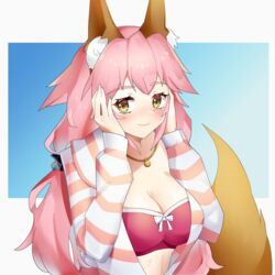  animal_ear_fluff animal_ears blush bra breasts cleavage closed_mouth fate/extra fate/extra_ccc fate/grand_order fate_(series) female fox_ears fox_girl fox_tail hand_on_own_face kanonblog776 large_breasts open_clothes open_shirt pink_bra pink_hair shirt solo striped_clothes striped_shirt tail tamamo_(fate) tamamo_no_mae_(fate/extra) tamamo_no_mae_(spring_casual)_(fate) underwear yellow_eyes 