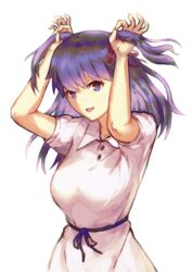  :d absurdres arms_up black_ribbon dress fate/stay_night fate_(series) female floating_hair hair_ribbon highres holding holding_own_hair long_hair matou_sakura official_alternate_costume open_mouth purple_eyes purple_hair red_ribbon ribbon short_sleeves simple_background smile solo standing sundress tsugu0302 two_side_up upper_body white_background white_dress 