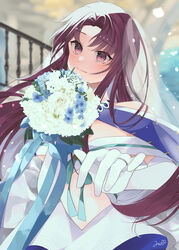  absurdres bare_shoulders bazett_fraga_mcremitz blush bouquet breasts bridal_veil criss-cross_halter dress elbow_gloves fate/grand_order fate_(series) female flower gloves halterneck highres jewelry large_breasts long_hair looking_at_viewer manannan_mac_lir_(fate) manannan_mac_lir_(third_ascension)_(fate) misaki346 mole mole_under_eye parted_bangs red_eyes red_hair ring solo veil white_dress white_gloves 