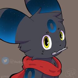  1:1 2023 ambiguous_gender anthro biped black_body black_ear_tips black_ears black_fur black_nose black_tail blue_body blue_ears blue_fur blue_markings canid canine canis colored digital_media_(artwork) dipstick_ears ear_markings ears_up eeveelution facial_markings forehead_markings fur generation_2_pokemon happy head_markings hi_res looking_at_viewer mammal markings multicolored_body multicolored_ears multicolored_fur nintendo pen pen_in_mouth pokemon pokemon_(species) ring_(marking) scarf shiny_pokemon simple_background solo star_(star_umbreon) star_umbreon tail twitter twitter_logo two_tone_body two_tone_ears two_tone_fur umbreon yellow_eyes 