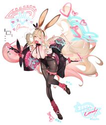  absurdres animal_ears bad_id bad_pixiv_id black_hairband black_jacket blonde_hair breasts brown_pantyhose cleavage commentary_request doughnut female food full_body hairband highres jacket large_breasts long_hair looking_at_viewer mouth_hold multicolored_hair one_eye_closed original pantyhose pink_hair rabbit_ears rabbit_girl red_eyes shokuen_(oxstl) simple_background two-tone_hair very_long_hair white_background 